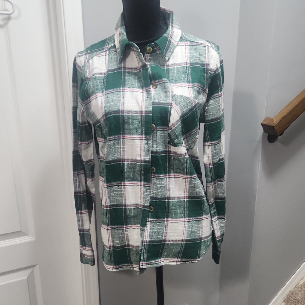 Zenana Green and White Plaid With Pink Stripe Button-Up Shirt